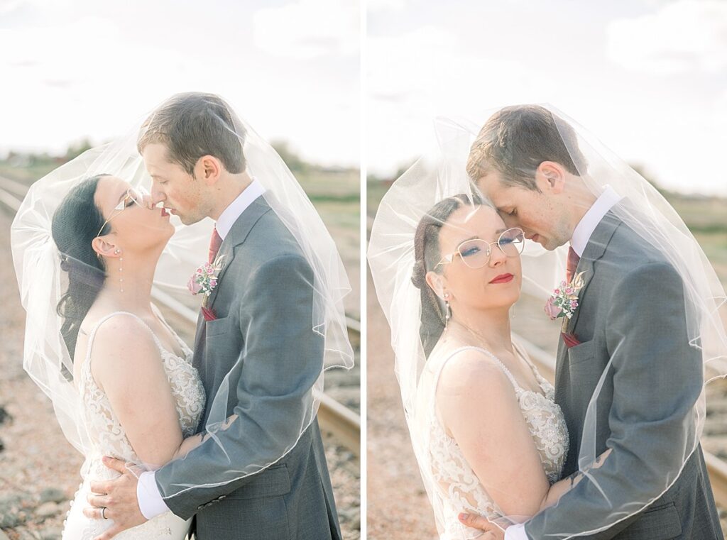 Bride and Groom wedding day veil portraits