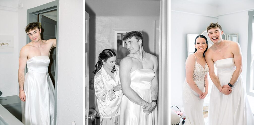 Bride helping best man into a wedding dress