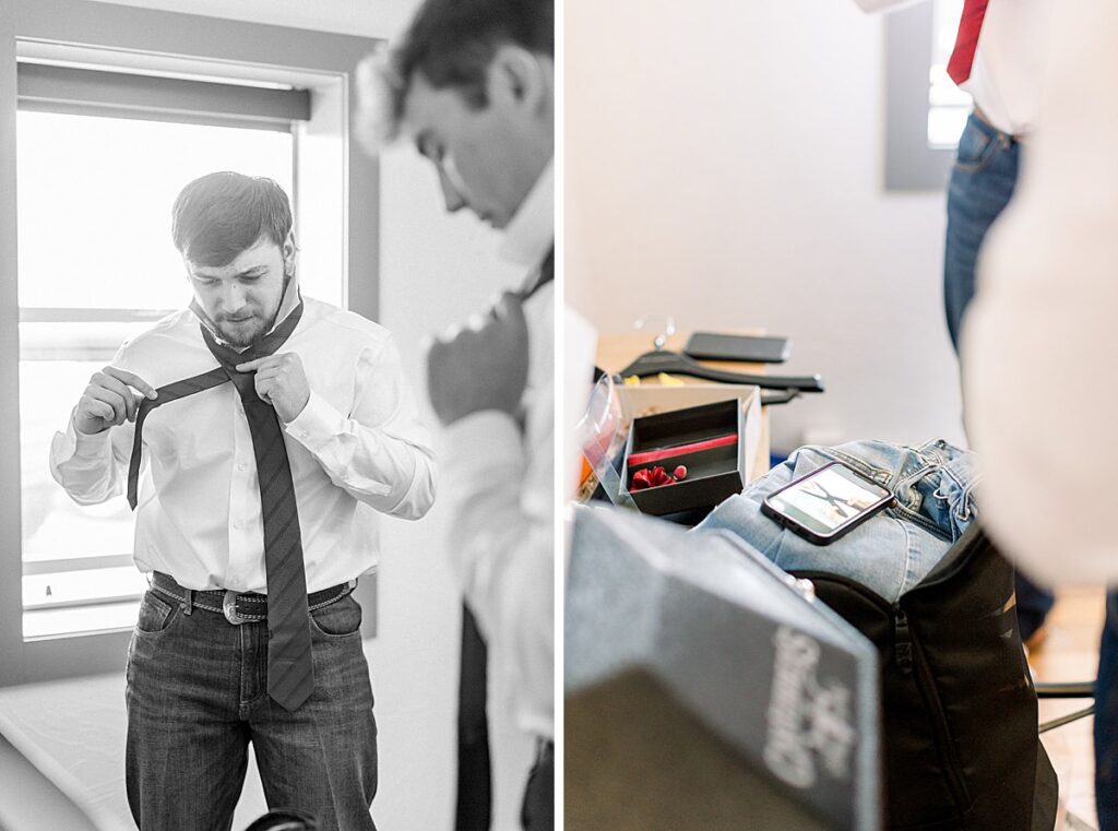 Groomsmen watching video on how to tie a tie