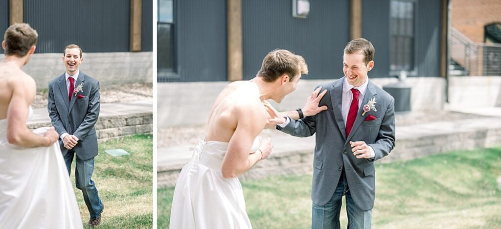 Groomsmen pranking the groom with foe first look