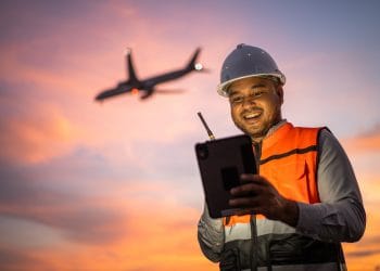 Smart engineer wearing safety uniform working with tablet near airport at night. Maintenance Engineer using tablet to checking inspection in night lights of industry background