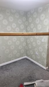 White floral wallpaper, wall decorating, professional wall covering, interior decorating, room makeover, S Bond Decorating.
