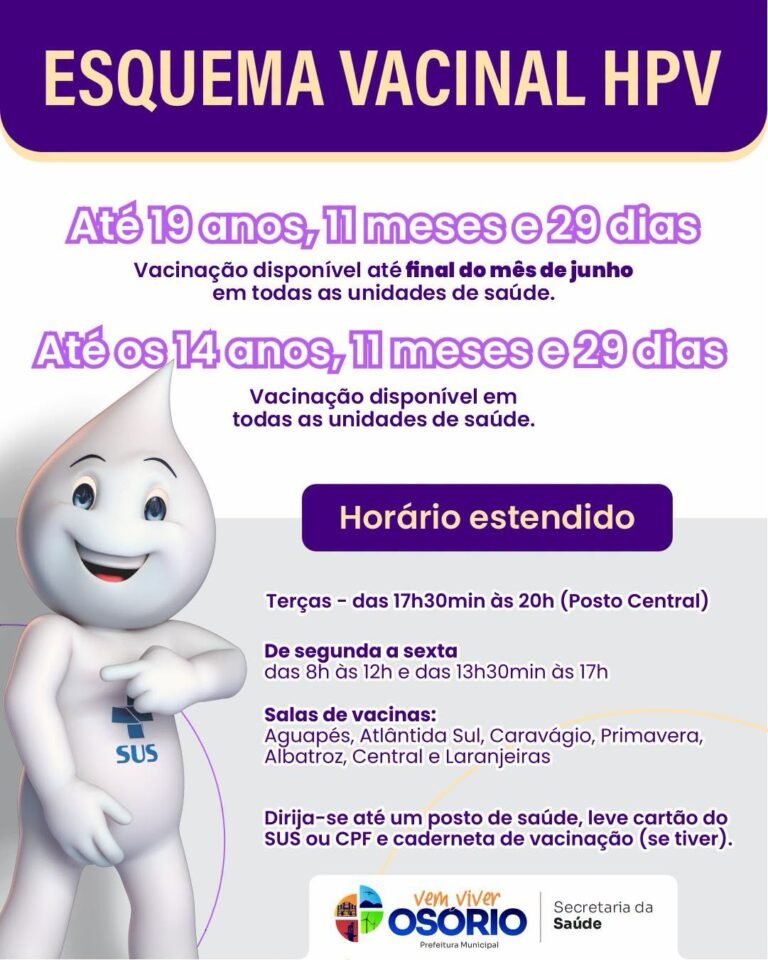 A vacina está disponível para adolescentes de até 14 anos, 11 meses e 29 dias de forma permanente nas unidades de saúde.