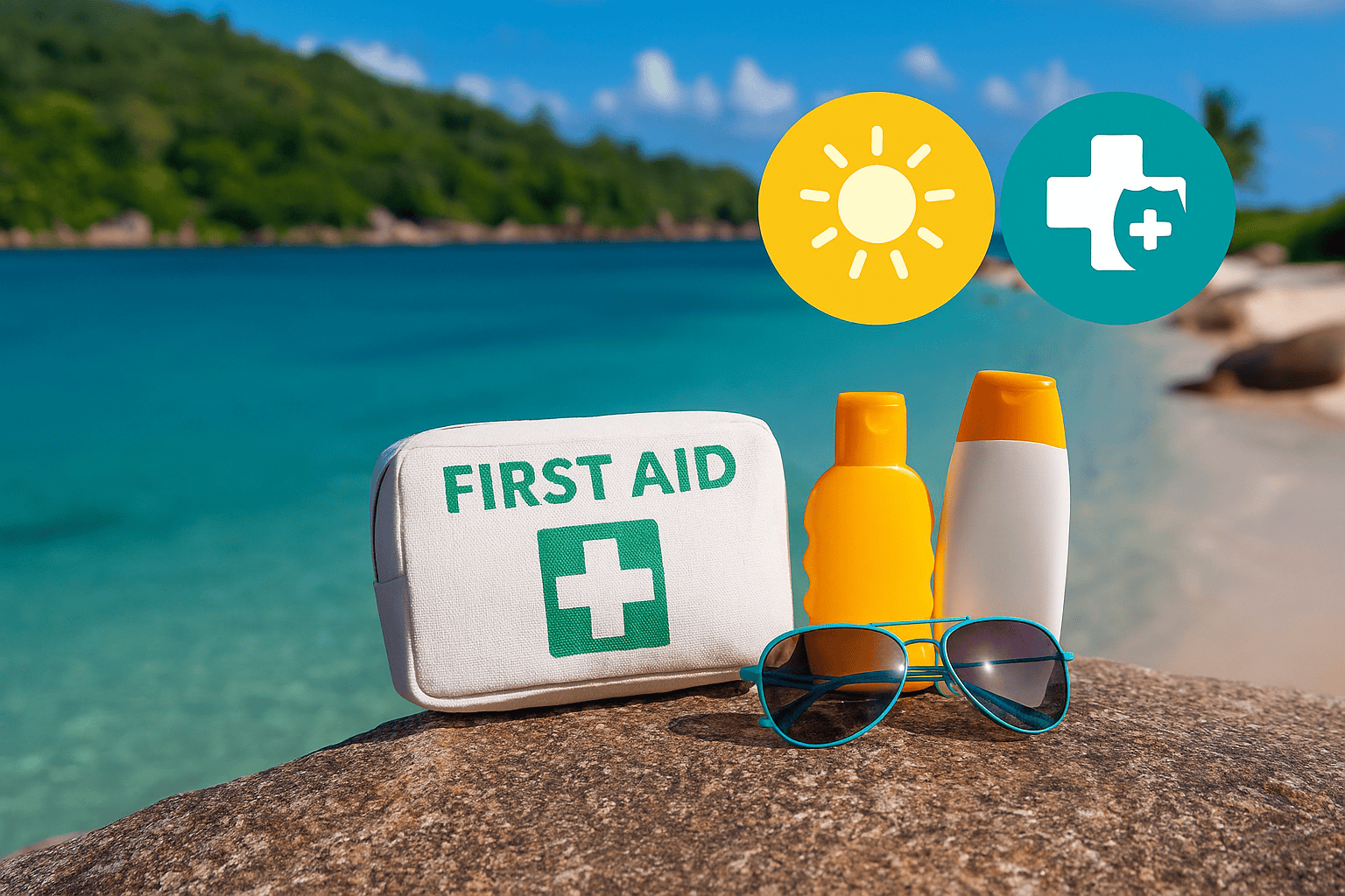 First aid kit, sunscreen and travel health essentials for Seychelles