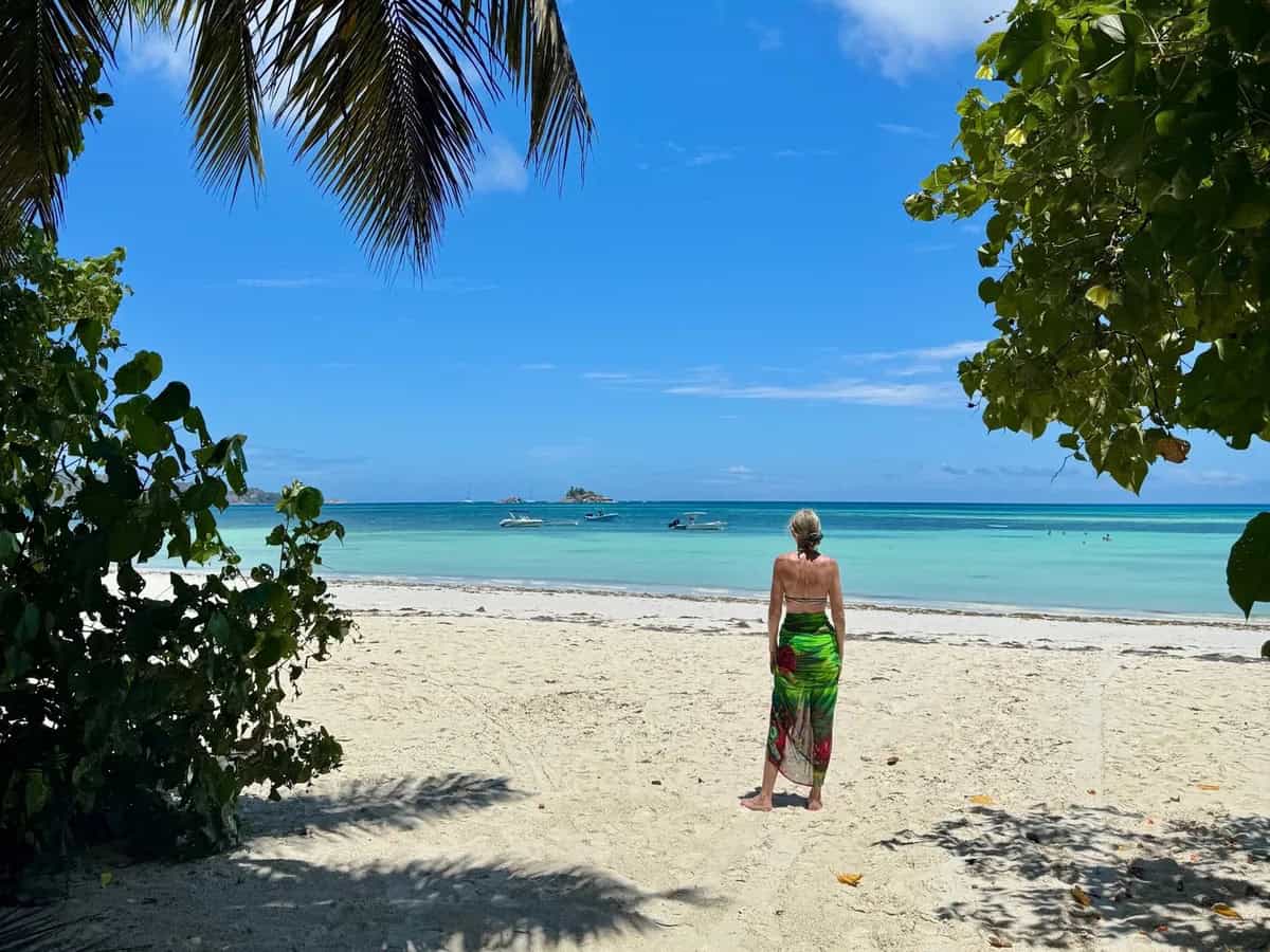 Sunny tropical beach in Seychelles with calm sea and blue sky