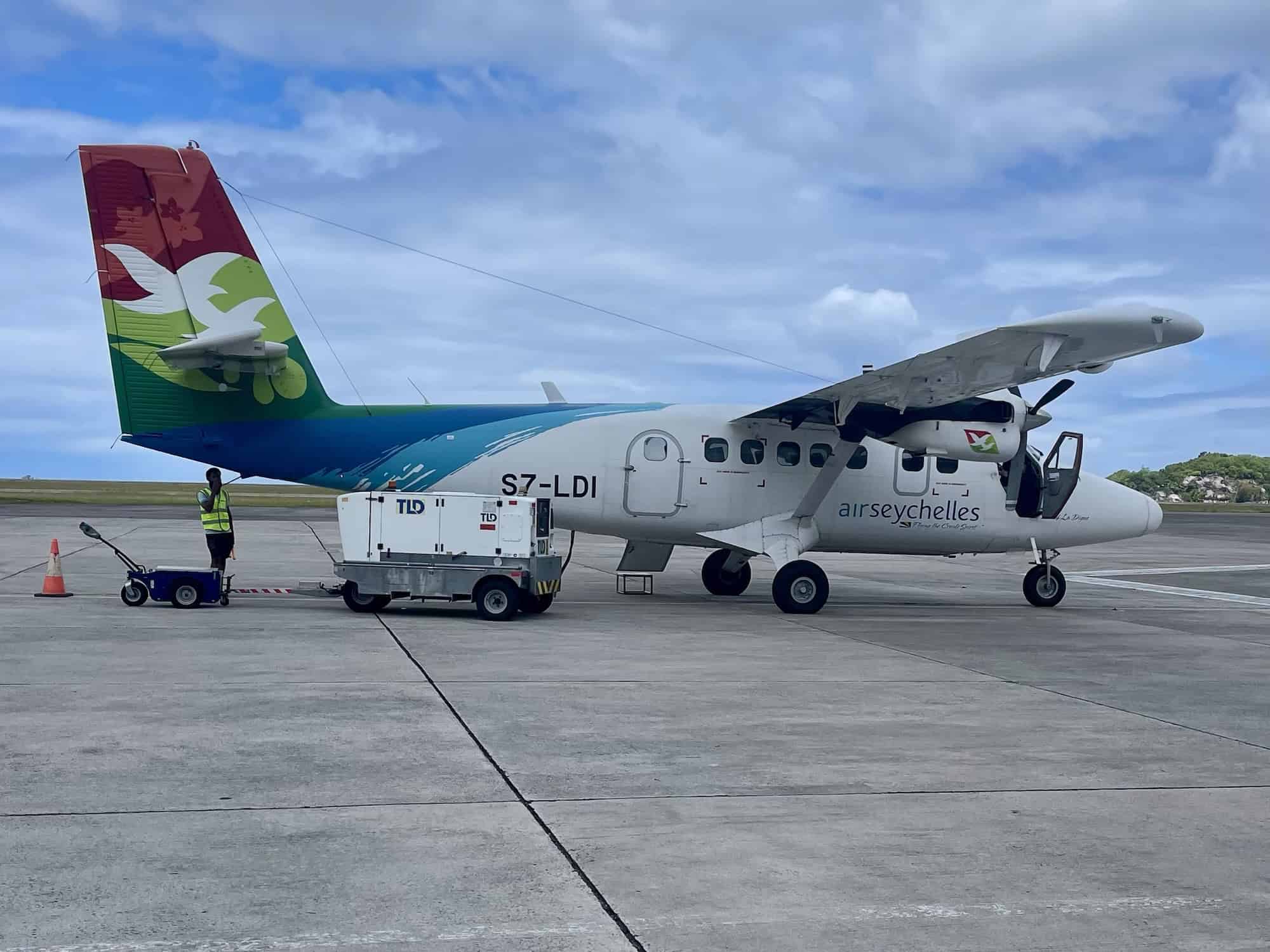 Air Seychelles domestic Twin Otter aircraft on tarmac for Mahé to Praslin flights
