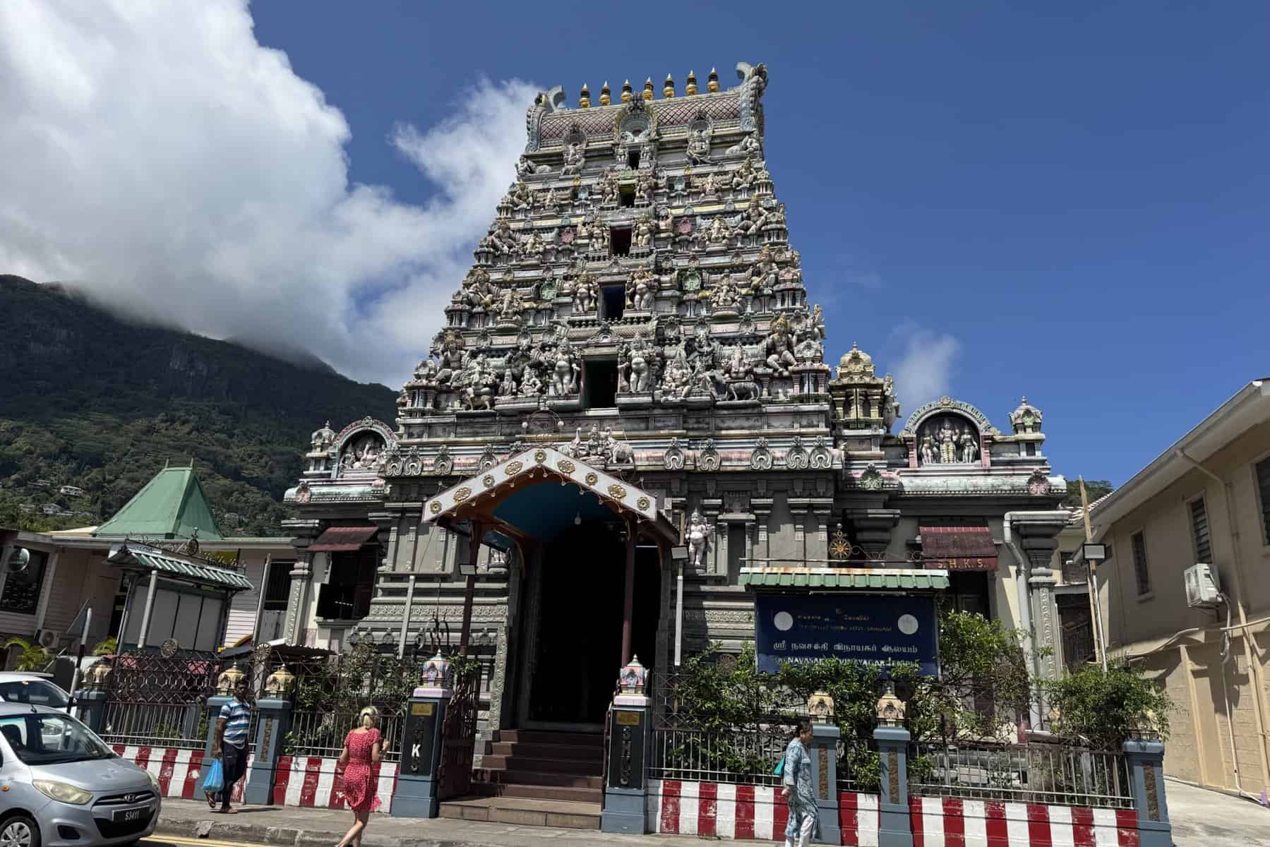 Arul Mihu Navasakthi Vinayagar Hindu Temple Victoria Seychelles colorful Dravidian gopuram