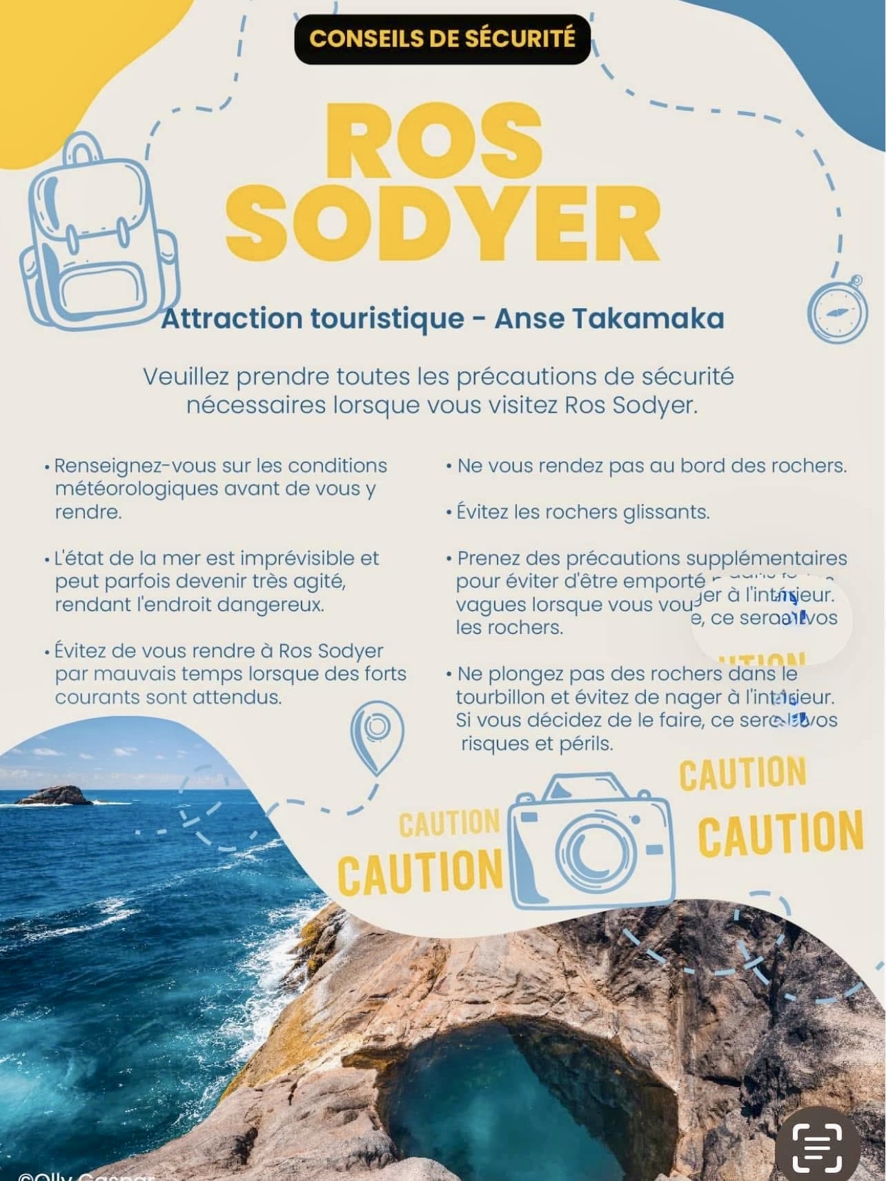 Ros Sodyer Mahé 3 French Ros Sodyer safety notice warning about changing sea conditions, slippery rocks and swimming or diving in the pool