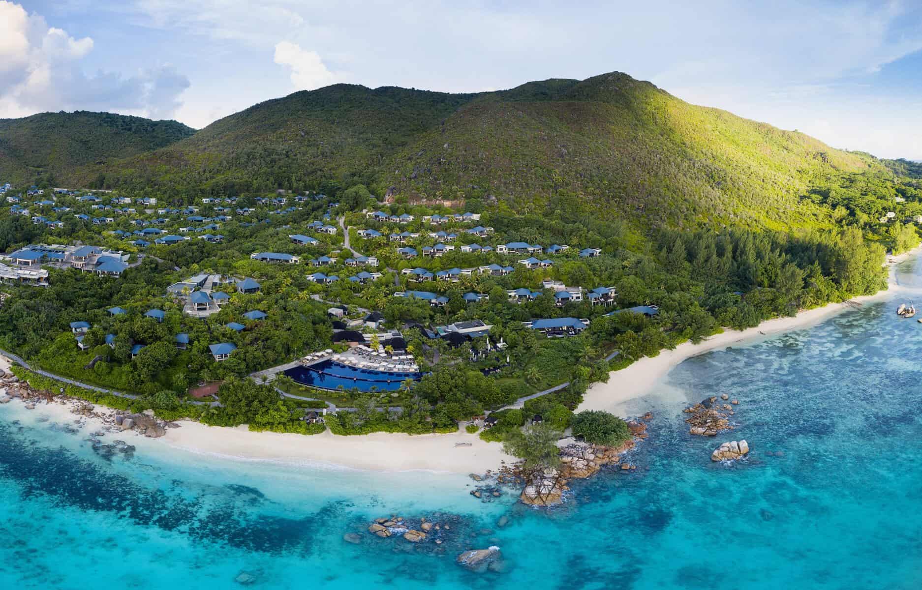 Aerial overview of Raffles Seychelles resort on Praslin