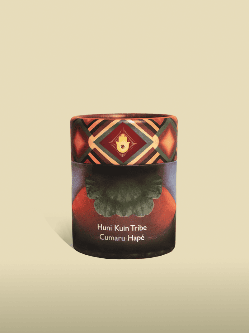 Wildcrafted incense candle inspired by Huni Kuin Tribe and Cumarú Hapé, featuring traditional tribal symbols, spiritual design, and natural ingredients for cleansing and energy clearing.