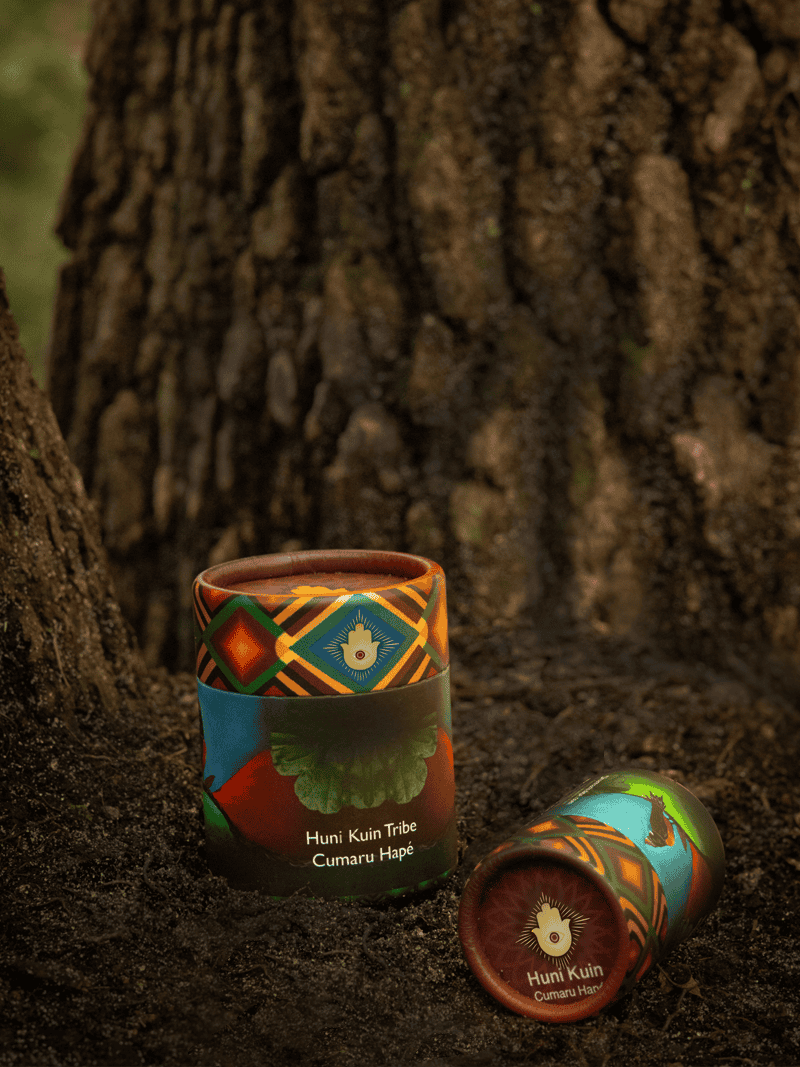 Vibrant indigenous-inspired ceremonial cups with traditional patterns, resting on forest soil near tree trunks, representing Huni Kuin Tribe and Cumarú Hapé.