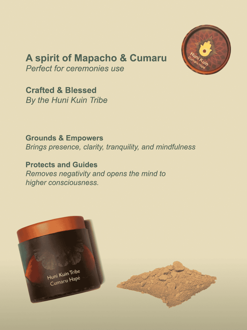 Huni Kuin Tribe ceremonial powder from Cumarú Hape, used for spiritual rituals, protection, clarity, and mindfulness, crafted and blessed by the Huni Kuin Tribe for grounding and empowering ceremonies.