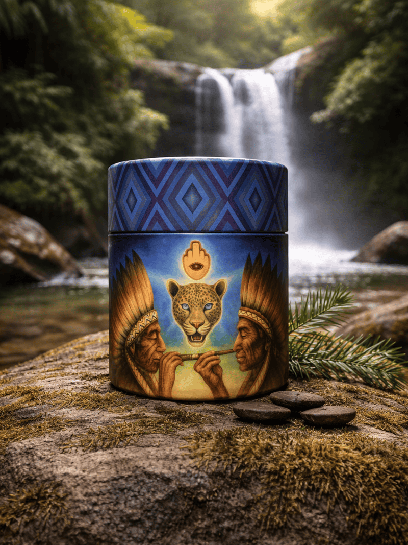 An image of a traditional Huni Kuin tribe herbal hapé container with indigenous artwork, set outdoors near a waterfall, emphasizing natural and spiritual healing practices.
