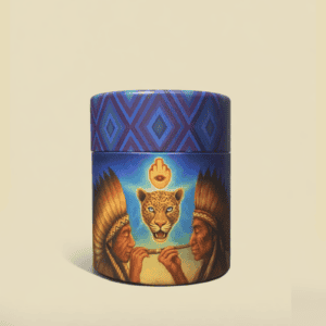 Huni Kuin Tribe inspired Hapé container with traditional artwork and vibrant patterns, representing indigenous herbal medicine and spiritual practices.