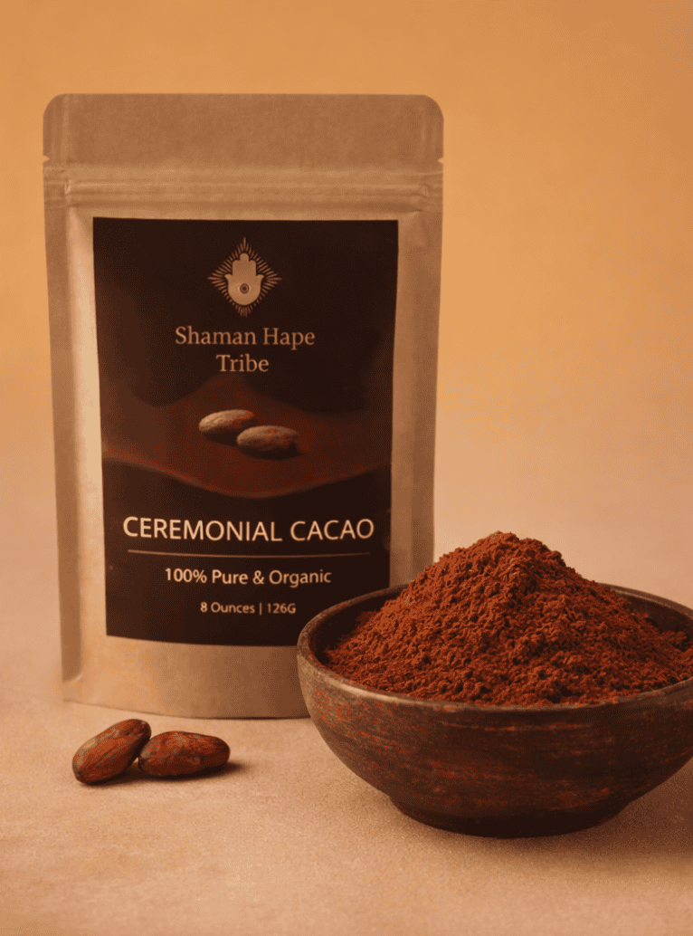 Ceremonial Grade Cacao powder from Shaman Hape Circle, ideal for sacred rituals and ceremonies, made from 100% pure organic cacao beans, promoting spiritual connection and well-being.