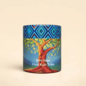 Mint Hapé, traditional indigenous snuff from the Huni Kuin tribe, featuring vibrant packaging with a colorful tree design and geometric patterns, representing cultural heritage and natural ingredients.
