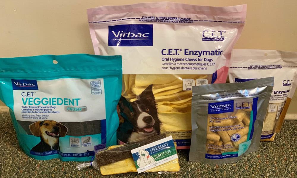 Several bags of veterinarian-recommended dog dental hygiene products are displayed on a carpet, featuring different chews and treats for oral health, with images of dogs on the packaging.