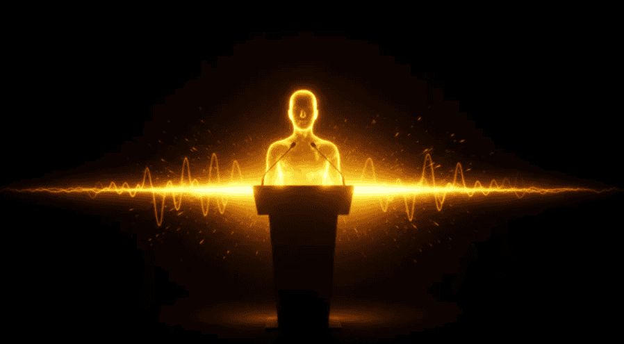 Golden figure speaking behind a podium with waves.