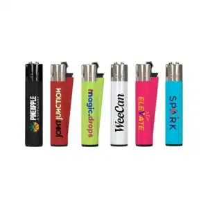 Colorful custom printed lighters with various logos for branding.