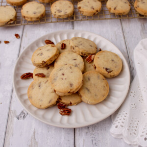 Butter Pecan Shortbread cookies on a plate.