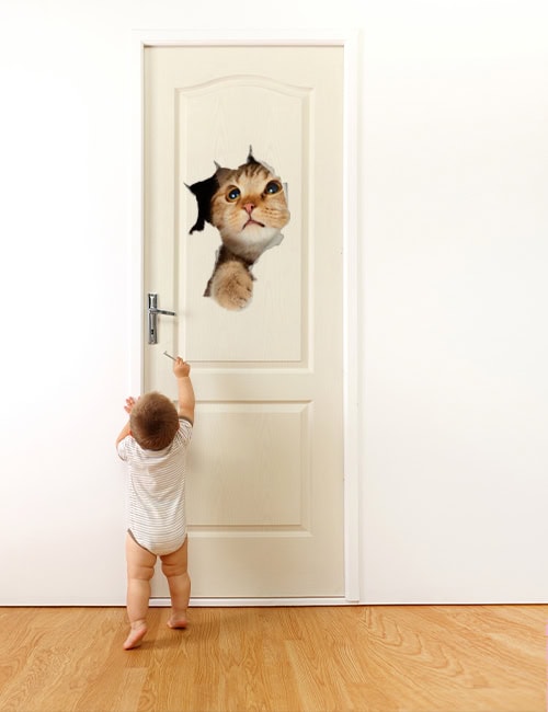 Cat hole wall decal funny pet sticker 3d animal decor