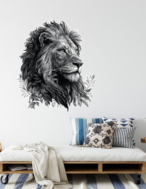 Lion head wall decal black and white graphic sticker monochrome animal decor