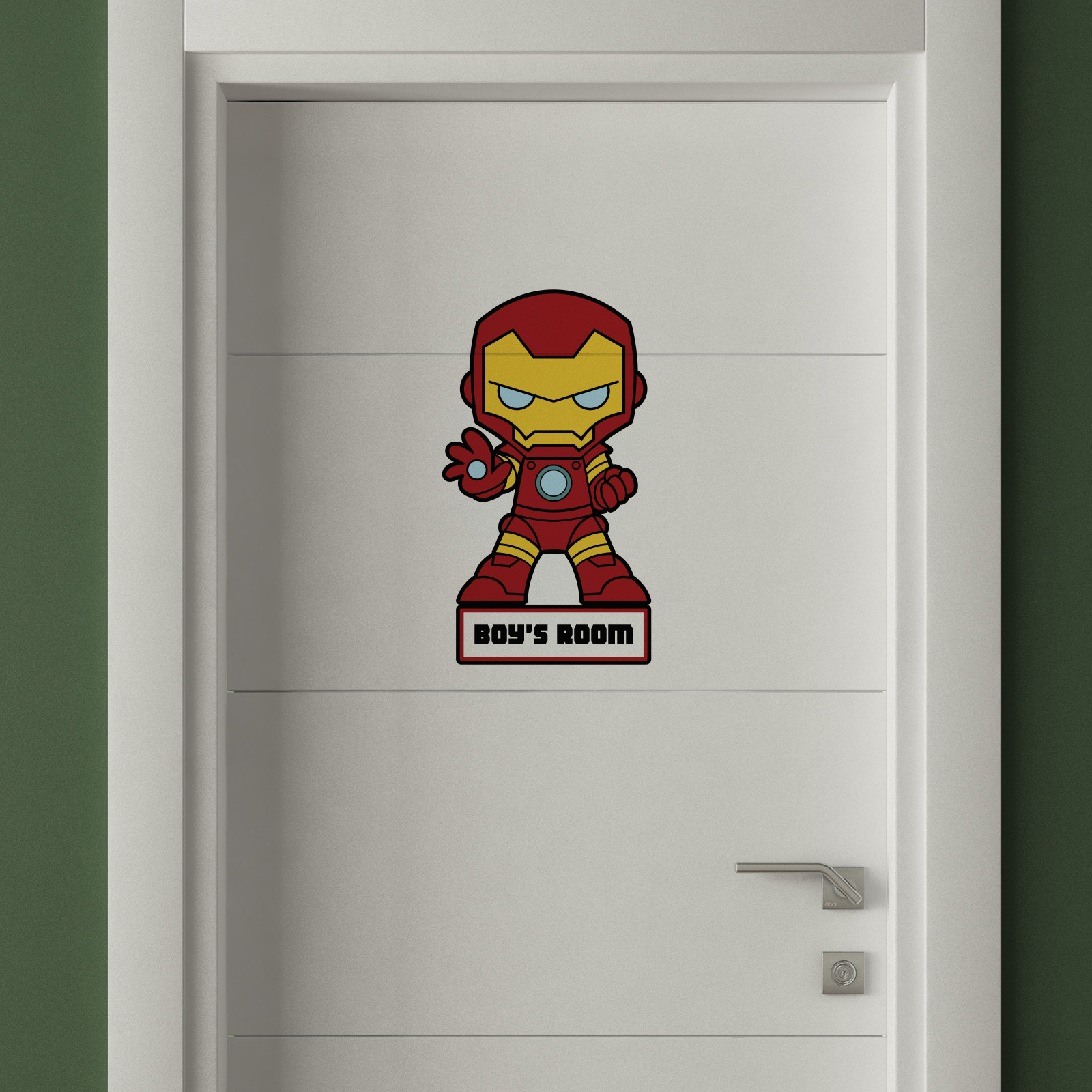 Personalised Baby Iron Man sticker with Boy's Room sign on bedroom door