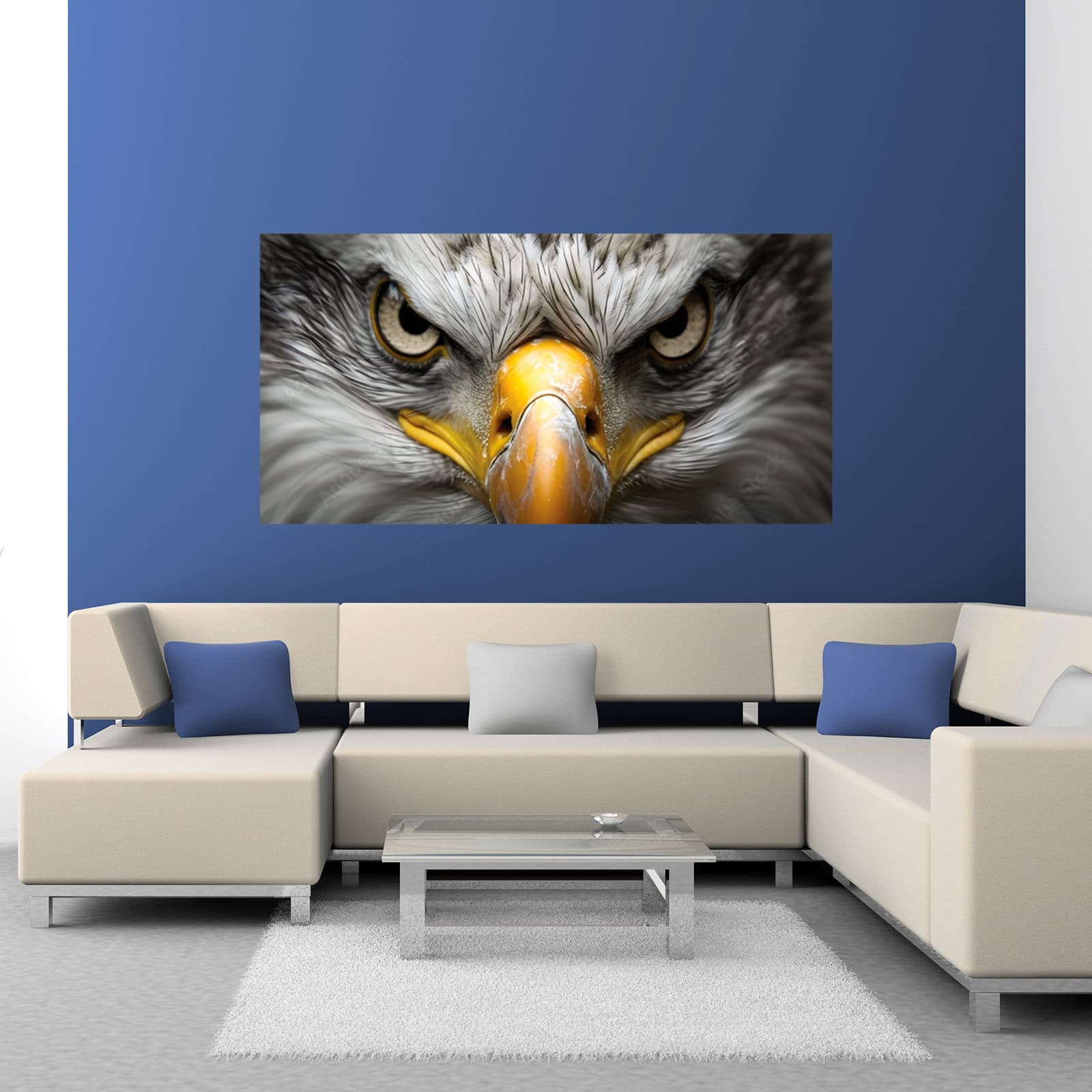 Eagle eyes wall sticker displayed above a sofa in a modern living room