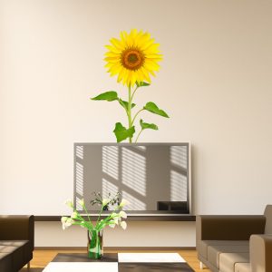 Sunflower wall sticker with bright yellow flower, green stem and leaves