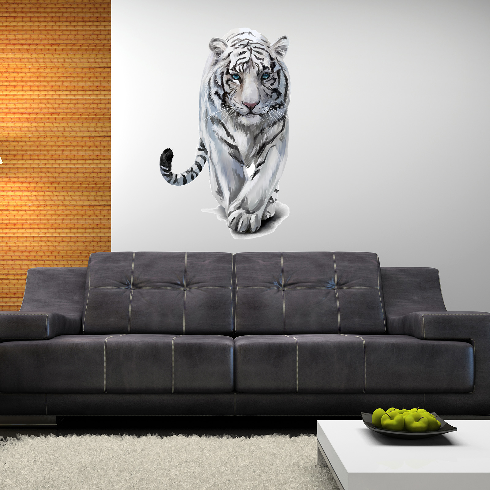 White tiger wall sticker above a black sofa in a modern living room
