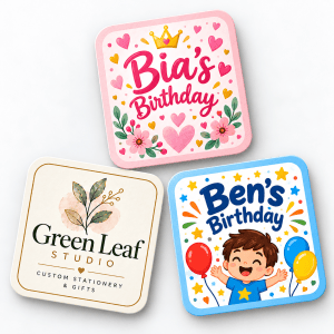 Custom square labels with rounded corners printed with customer artwork