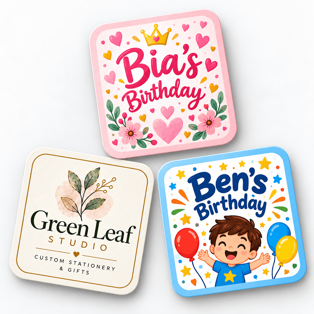 Custom square labels with rounded corners printed with customer artwork