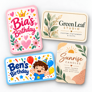 Custom rectangle labels with rounded corners printed with customer artwork