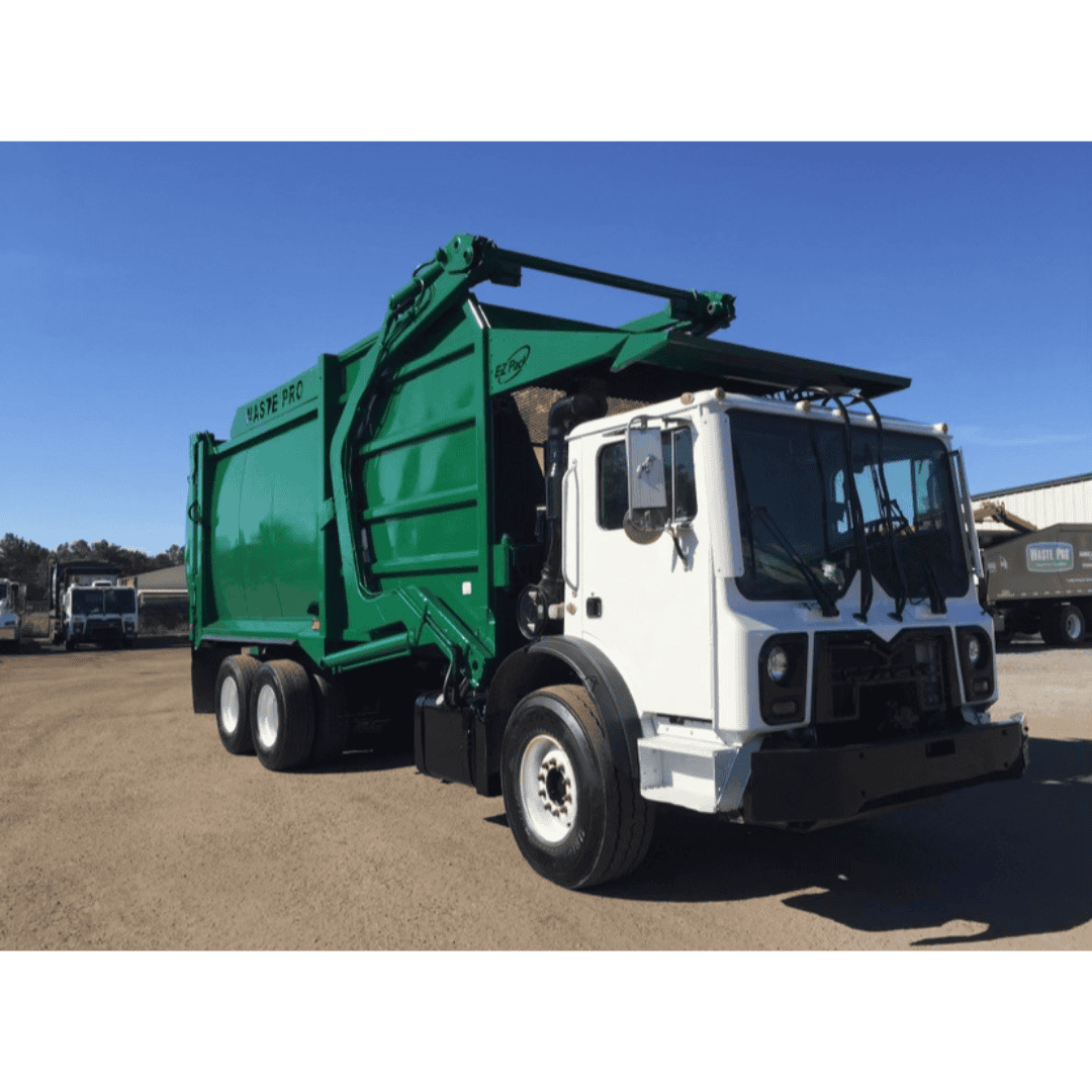 Waste collection truck with green container for efficient waste management and recycling services.