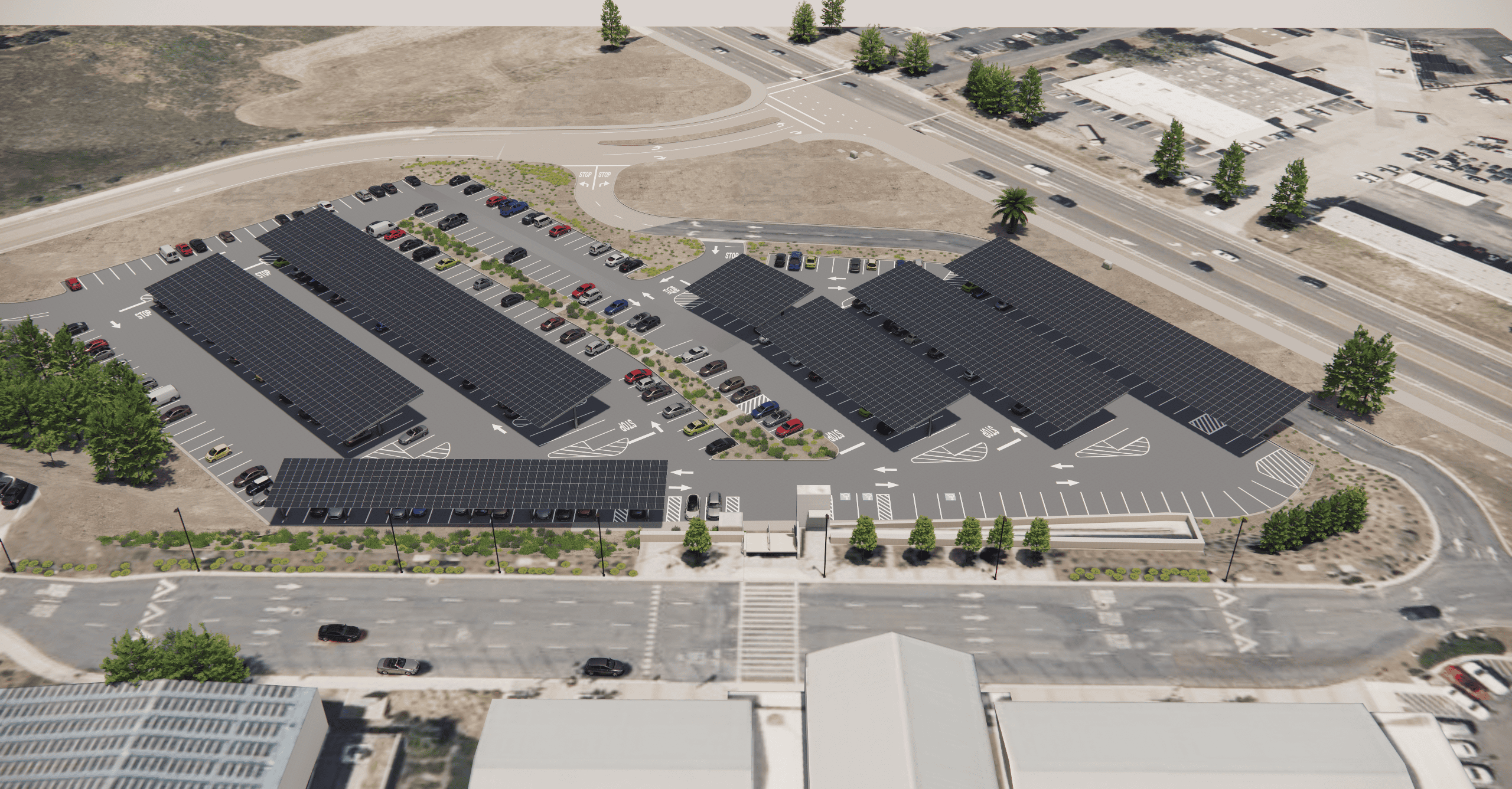 Aerial view rendering of solar parking lot at SLO airport