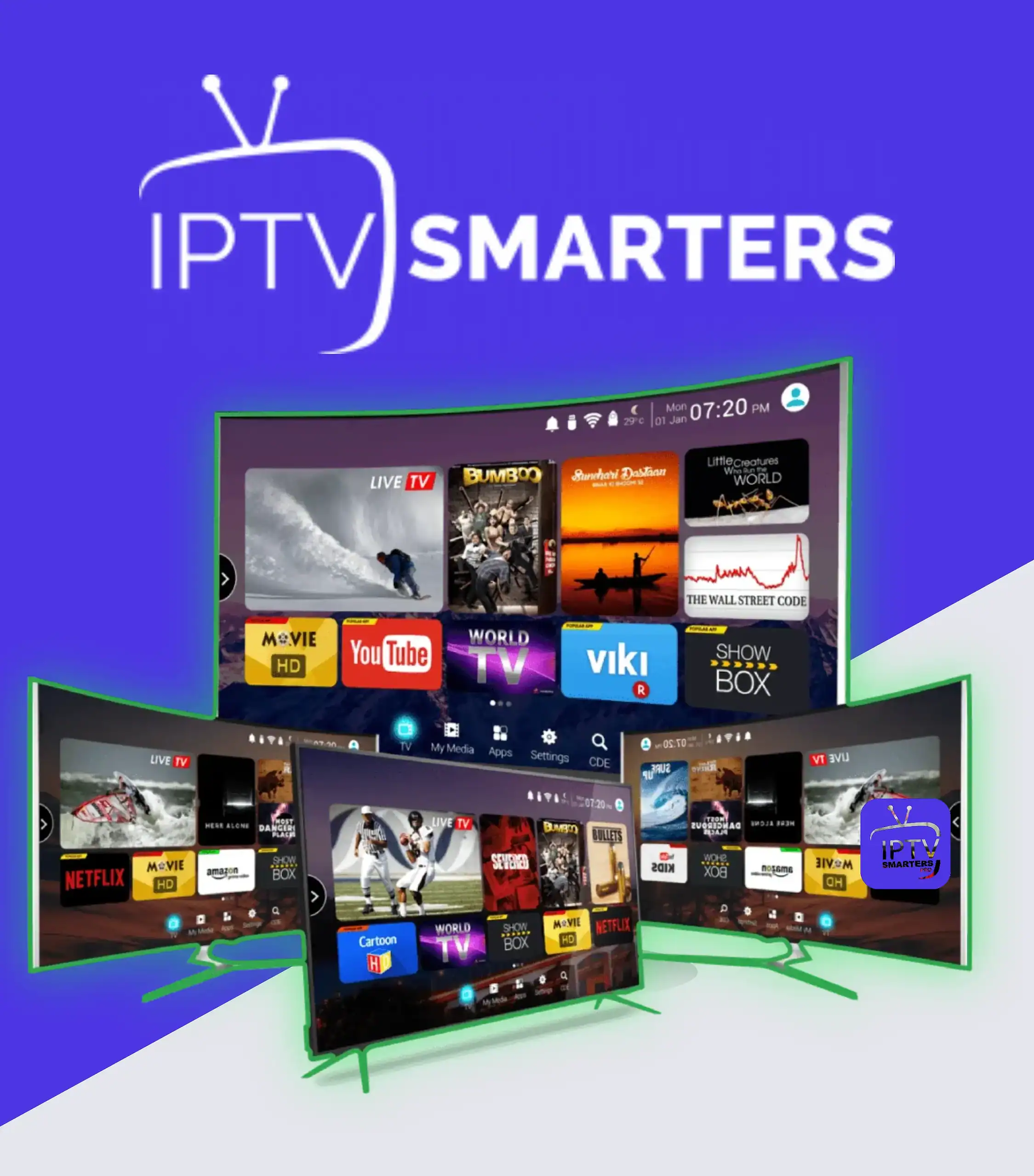 Abonnement IPTV Smarters Pro en France : interface de streaming avec chaînes en direct, sport et films en 4K