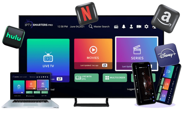 IPTV Smarters Pro affiché sur une Smart TV 4K, un smartphone et une tablette