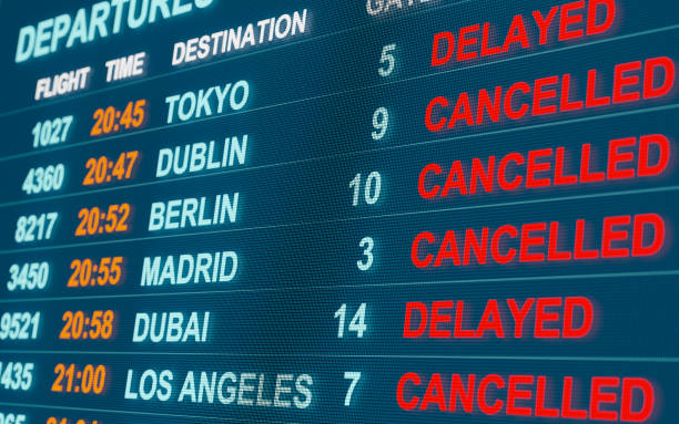Flight delay or cancelled notice at Thai airport display, highlighting passenger rights and compensa.