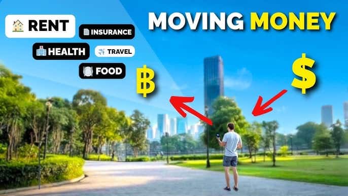 Young man transferring money outdoors with city skyline and financial icons in background.