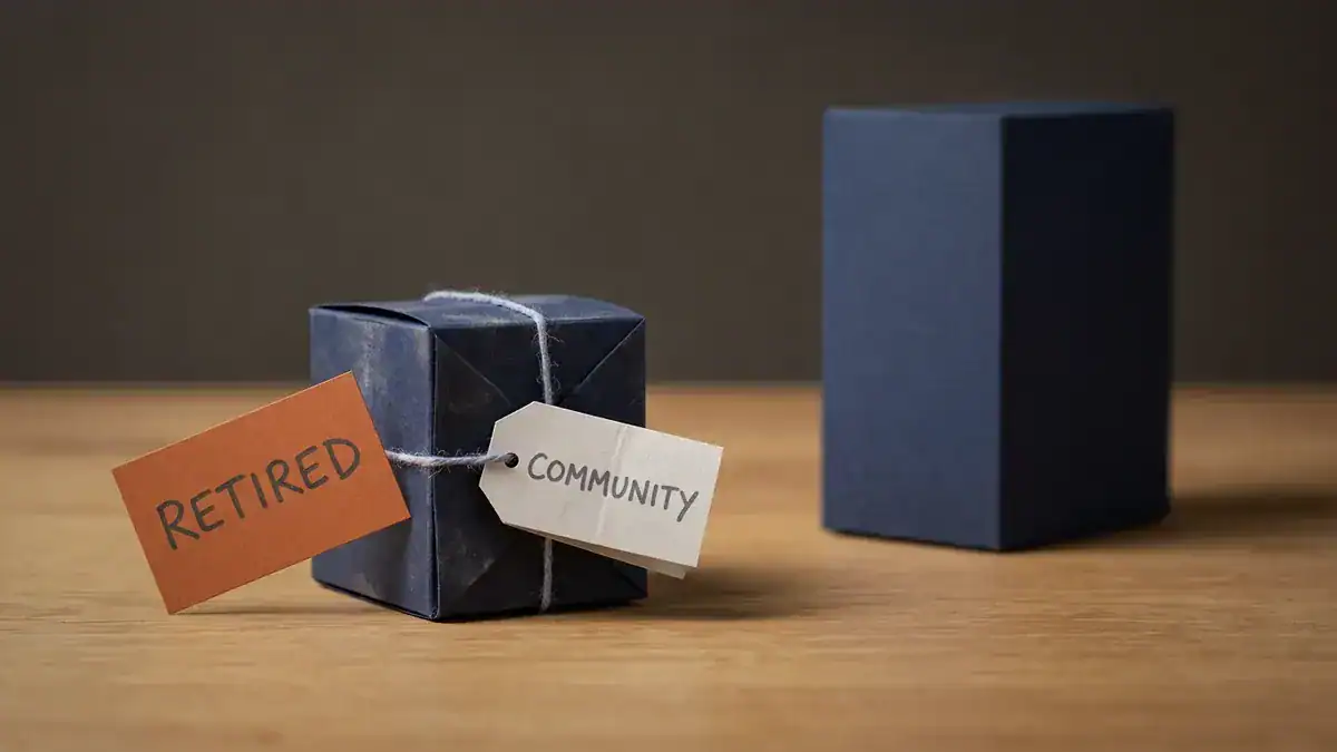 Paper-craft navy server box tagged COMMUNITY with an orange RETIRED card, a larger unlabelled box standing behind it.