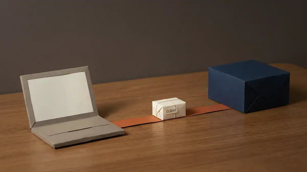 Paper laptop and navy paper server joined by one orange strip, with a small parcel labelled CLIENT travelling between them.