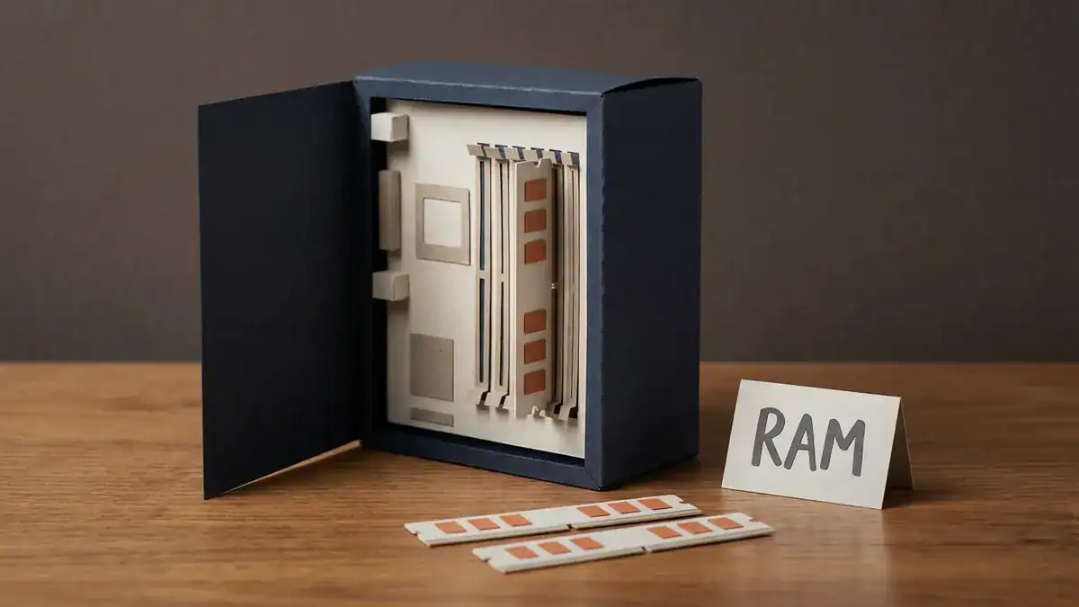 Open navy paper server tower showing memory slots, two paper RAM sticks on the table and a card reading RAM.