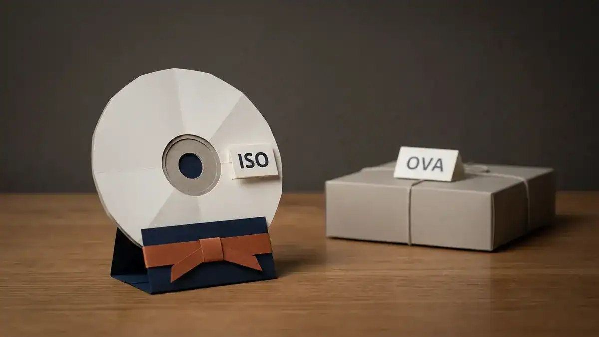 Paper disc labelled ISO on a navy stand in front, a plain grey paper box labelled OVA set behind it.