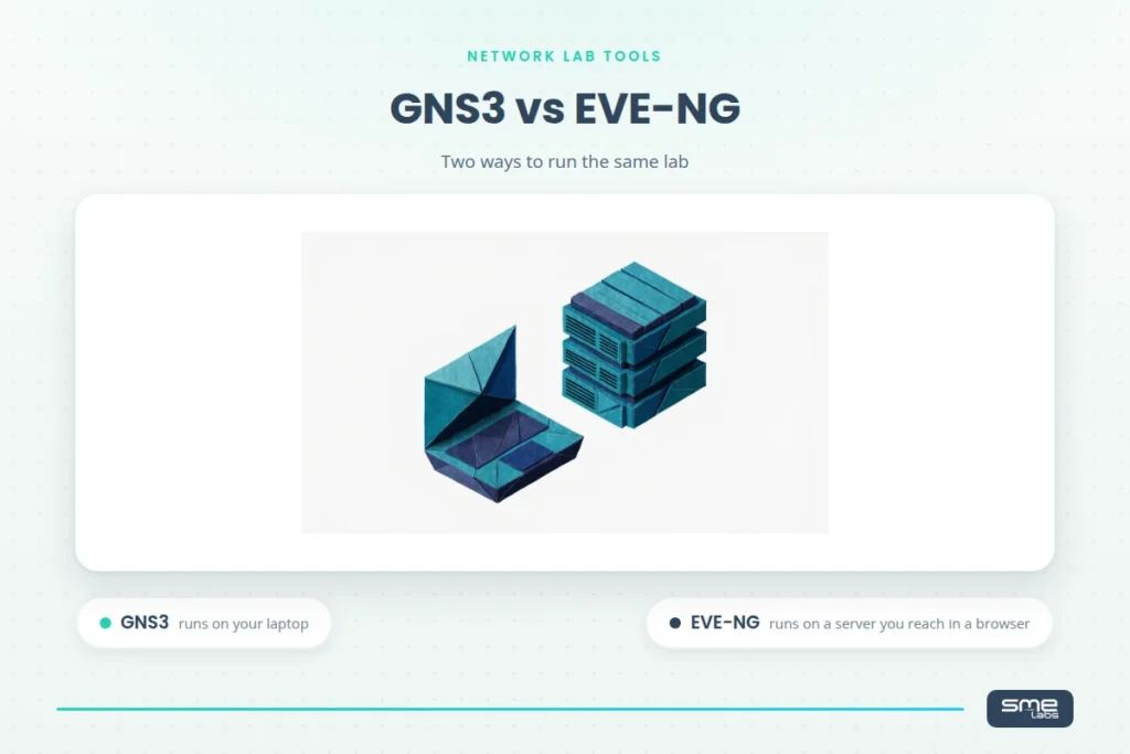 GNS3 vs EVE-NG comparison, origami illustration of a laptop and a server rack