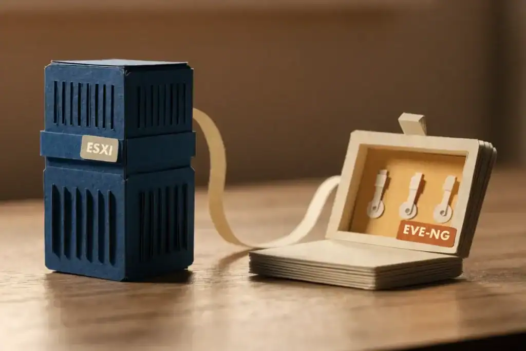 Paper-craft diorama of a server tower labelled ESXi connected by a cable to an open laptop labelled EVE-NG