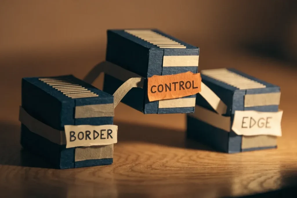 Paper-craft diorama of three boxes labelled Border, Control, and Edge connected by cables, representing the three Cisco SD-Access fabric roles
