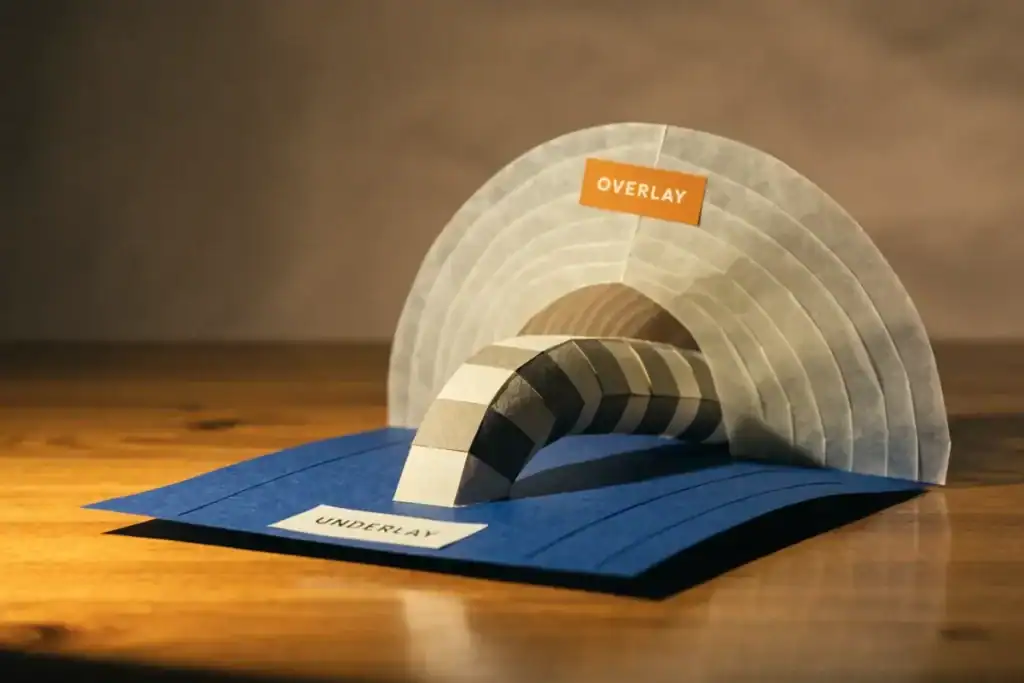 Paper-craft diorama of a solid blue road labelled Underlay with a translucent arch labelled Overlay rising above it