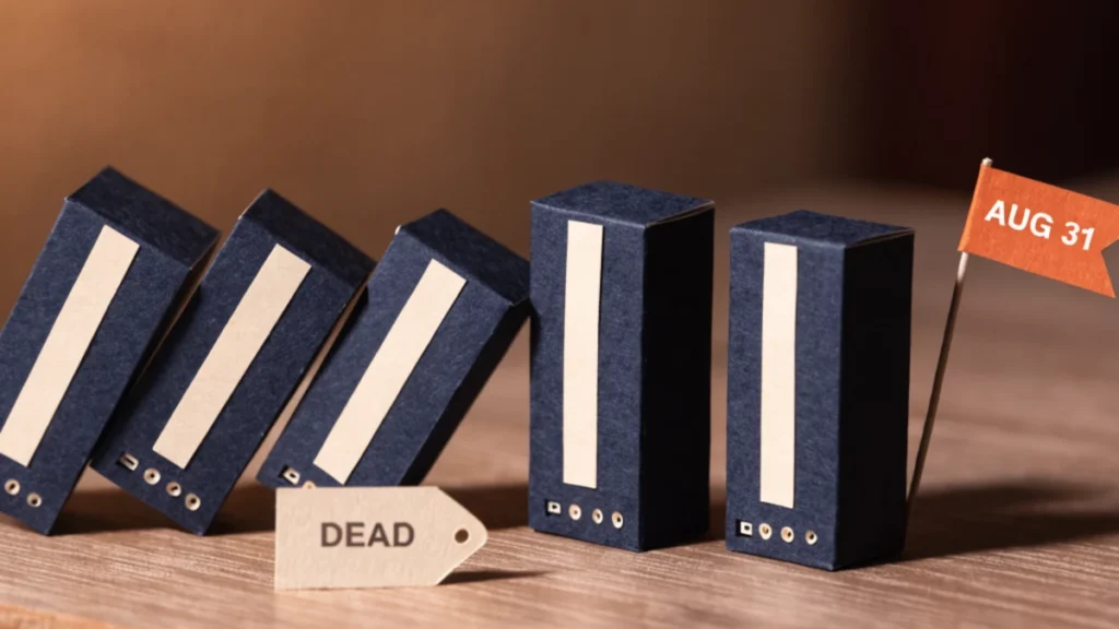 Paper-craft diorama of ASA appliance boxes, three tipped over tagged DEAD, two standing with an AUG 31 flag