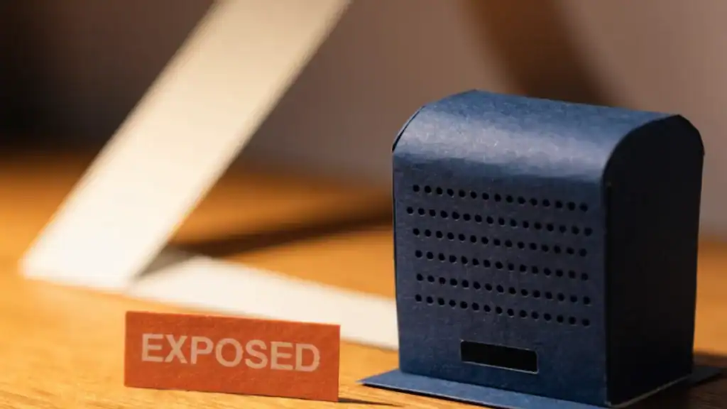 Paper-craft diorama of a single ASA appliance box alone with an EXPOSED tag