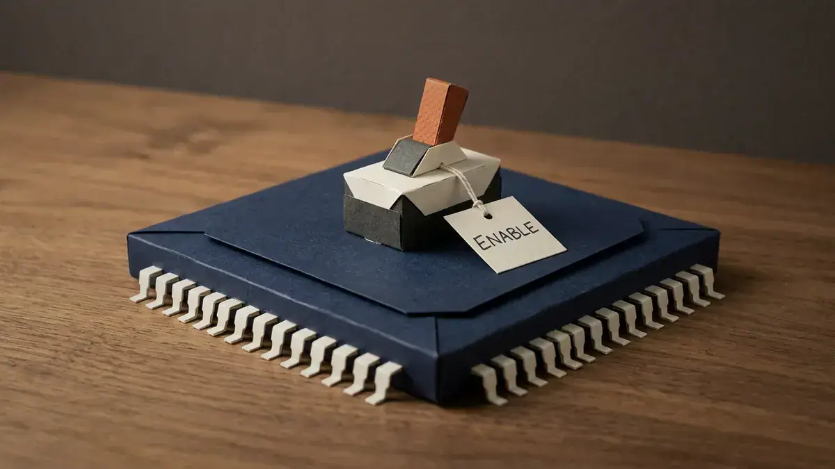 Paper-craft processor chip with an orange toggle switch flipped on and a tag reading ENABLE, on a wooden table.